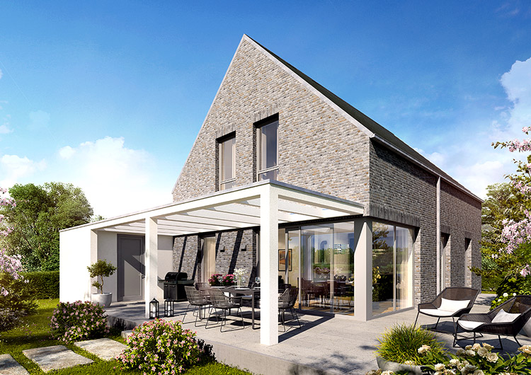 Haus Esprit: Variante mit grauem Naturklinker und anthrazitfarbener Dacheindeckung, Gartenansicht