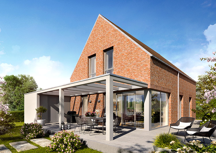 Haus Esprit: Variante mit rot nuanciertem Klinker und Dacheindeckung in Ziegelrot, Gartenansicht